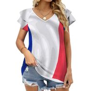 AILLOSA FLAG-153 V Yakalı Fırfırlı Baskılı Kısa Kollu Kadın T-shirt