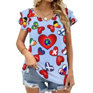 AILLOSA FLAG-16 V Yakalı Fırfırlı Baskılı Kısa Kollu Kadın T-shirt