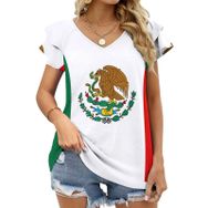 AILLOSA FLAG-160 V Yakalı Fırfırlı Baskılı Kısa Kollu Kadın T-shirt