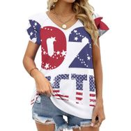 AILLOSA FLAG-162 V Yakalı Fırfırlı Baskılı Kısa Kollu Kadın T-shirt