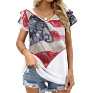 AILLOSA FLAG-166 V Yakalı Fırfırlı Baskılı Kısa Kollu Kadın T-shirt