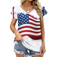 AILLOSA FLAG-167 V Yakalı Fırfırlı Baskılı Kısa Kollu Kadın T-shirt