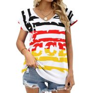 AILLOSA FLAG-168 V Yakalı Fırfırlı Baskılı Kısa Kollu Kadın T-shirt