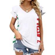 AILLOSA FLAG-169 V Yakalı Fırfırlı Baskılı Kısa Kollu Kadın T-shirt