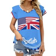 AILLOSA FLAG-17 V Yakalı Fırfırlı Baskılı Kısa Kollu Kadın T-shirt