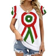 AILLOSA FLAG-170 V Yakalı Fırfırlı Baskılı Kısa Kollu Kadın T-shirt