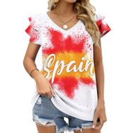 AILLOSA FLAG-171 V Yakalı Fırfırlı Baskılı Kısa Kollu Kadın T-shirt