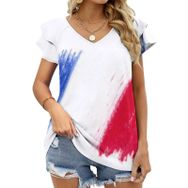 AILLOSA FLAG-172 V Yakalı Fırfırlı Baskılı Kısa Kollu Kadın T-shirt