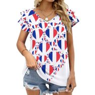 AILLOSA FLAG-174 V Yakalı Fırfırlı Baskılı Kısa Kollu Kadın T-shirt