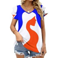AILLOSA FLAG-175 V Yakalı Fırfırlı Baskılı Kısa Kollu Kadın T-shirt