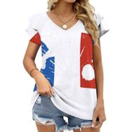 AILLOSA FLAG-176 V Yakalı Fırfırlı Baskılı Kısa Kollu Kadın T-shirt