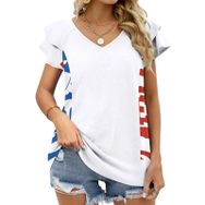 AILLOSA FLAG-177 V Yakalı Fırfırlı Baskılı Kısa Kollu Kadın T-shirt