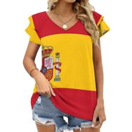 AILLOSA FLAG-178 V Yakalı Fırfırlı Baskılı Kısa Kollu Kadın T-shirt