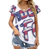 AILLOSA FLAG-18 V Yakalı Fırfırlı Baskılı Kısa Kollu Kadın T-shirt