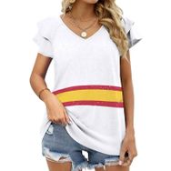 AILLOSA FLAG-180 V Yakalı Fırfırlı Baskılı Kısa Kollu Kadın T-shirt