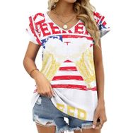 AILLOSA FLAG-184 V Yakalı Fırfırlı Baskılı Kısa Kollu Kadın T-shirt