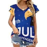 AILLOSA FLAG-187 V Yakalı Fırfırlı Baskılı Kısa Kollu Kadın T-shirt