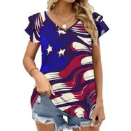 AILLOSA FLAG-19 V Yakalı Fırfırlı Baskılı Kısa Kollu Kadın T-shirt