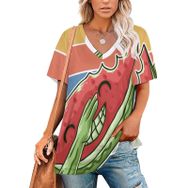 AILLOSA FLAG-192 Tamamı Baskılı V Yaka Kısa Kollu Kadın T-shirt