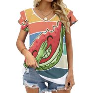 AILLOSA FLAG-192 V Yakalı Fırfırlı Baskılı Kısa Kollu Kadın T-shirt