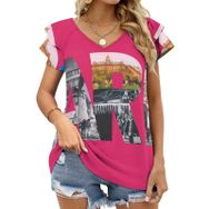 AILLOSA FLAG-193 V Yakalı Fırfırlı Baskılı Kısa Kollu Kadın T-shirt