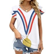 AILLOSA FLAG-198 V Yakalı Fırfırlı Baskılı Kısa Kollu Kadın T-shirt