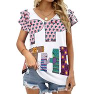 AILLOSA FLAG-199 V Yakalı Fırfırlı Baskılı Kısa Kollu Kadın T-shirt