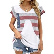AILLOSA FLAG-20 V Yakalı Fırfırlı Baskılı Kısa Kollu Kadın T-shirt