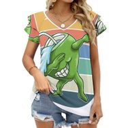 AILLOSA FLAG-200 V Yakalı Fırfırlı Baskılı Kısa Kollu Kadın T-shirt