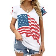 AILLOSA FLAG-22 V Yakalı Fırfırlı Baskılı Kısa Kollu Kadın T-shirt