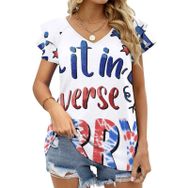AILLOSA FLAG-24 V Yakalı Fırfırlı Baskılı Kısa Kollu Kadın T-shirt