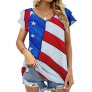 AILLOSA FLAG-26 V Yakalı Fırfırlı Baskılı Kısa Kollu Kadın T-shirt