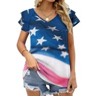 AILLOSA FLAG-27 V Yakalı Fırfırlı Baskılı Kısa Kollu Kadın T-shirt