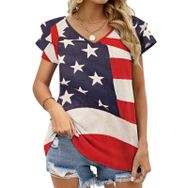 AILLOSA FLAG-30 V Yakalı Fırfırlı Baskılı Kısa Kollu Kadın T-shirt