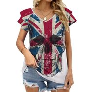 AILLOSA FLAG-32 V Yakalı Fırfırlı Baskılı Kısa Kollu Kadın T-shirt