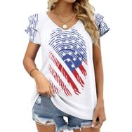 AILLOSA FLAG-34 V Yakalı Fırfırlı Baskılı Kısa Kollu Kadın T-shirt