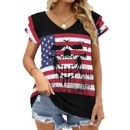 AILLOSA FLAG-36 V Yakalı Fırfırlı Baskılı Kısa Kollu Kadın T-shirt