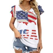 AILLOSA FLAG-37 V Yakalı Fırfırlı Baskılı Kısa Kollu Kadın T-shirt