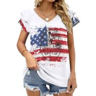 AILLOSA FLAG-38 V Yakalı Fırfırlı Baskılı Kısa Kollu Kadın T-shirt