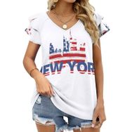 AILLOSA FLAG-39 V Yakalı Fırfırlı Baskılı Kısa Kollu Kadın T-shirt