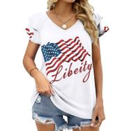 AILLOSA FLAG-40 V Yakalı Fırfırlı Baskılı Kısa Kollu Kadın T-shirt