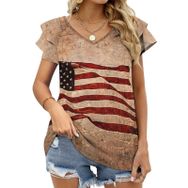AILLOSA FLAG-42 V Yakalı Fırfırlı Baskılı Kısa Kollu Kadın T-shirt