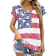 AILLOSA FLAG-43 V Yakalı Fırfırlı Baskılı Kısa Kollu Kadın T-shirt