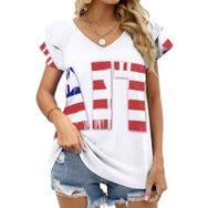 AILLOSA FLAG-44 V Yakalı Fırfırlı Baskılı Kısa Kollu Kadın T-shirt