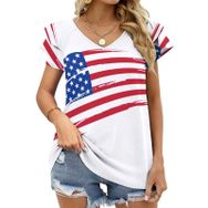 AILLOSA FLAG-47 V Yakalı Fırfırlı Baskılı Kısa Kollu Kadın T-shirt