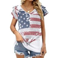AILLOSA FLAG-48 V Yakalı Fırfırlı Baskılı Kısa Kollu Kadın T-shirt
