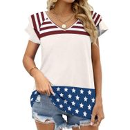 AILLOSA FLAG-49 V Yakalı Fırfırlı Baskılı Kısa Kollu Kadın T-shirt
