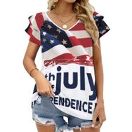 AILLOSA FLAG-50 V Yakalı Fırfırlı Baskılı Kısa Kollu Kadın T-shirt