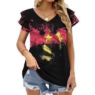 AILLOSA FLAG-51 V Yakalı Fırfırlı Baskılı Kısa Kollu Kadın T-shirt