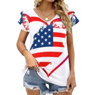 AILLOSA FLAG-52 V Yakalı Fırfırlı Baskılı Kısa Kollu Kadın T-shirt